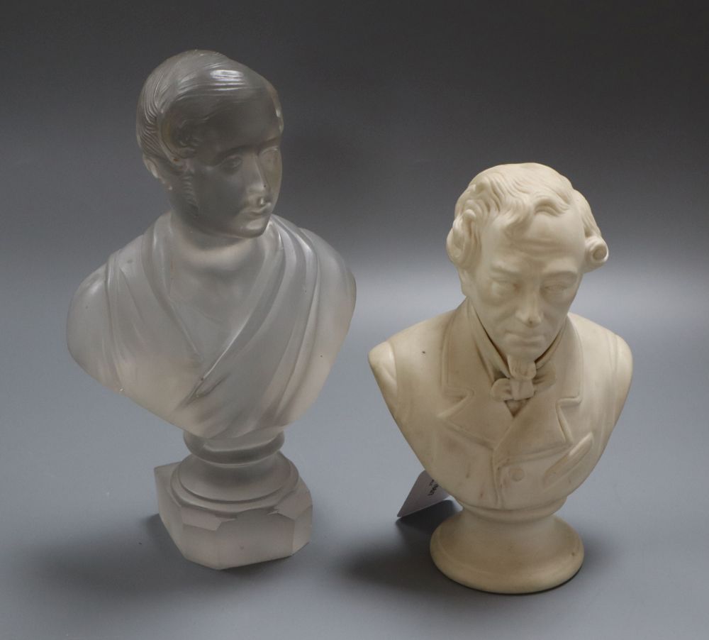 A glass bust of Prince Albert by F & C Osler, inscribed to base, 26cm and a parian bust of Disraeli (2)